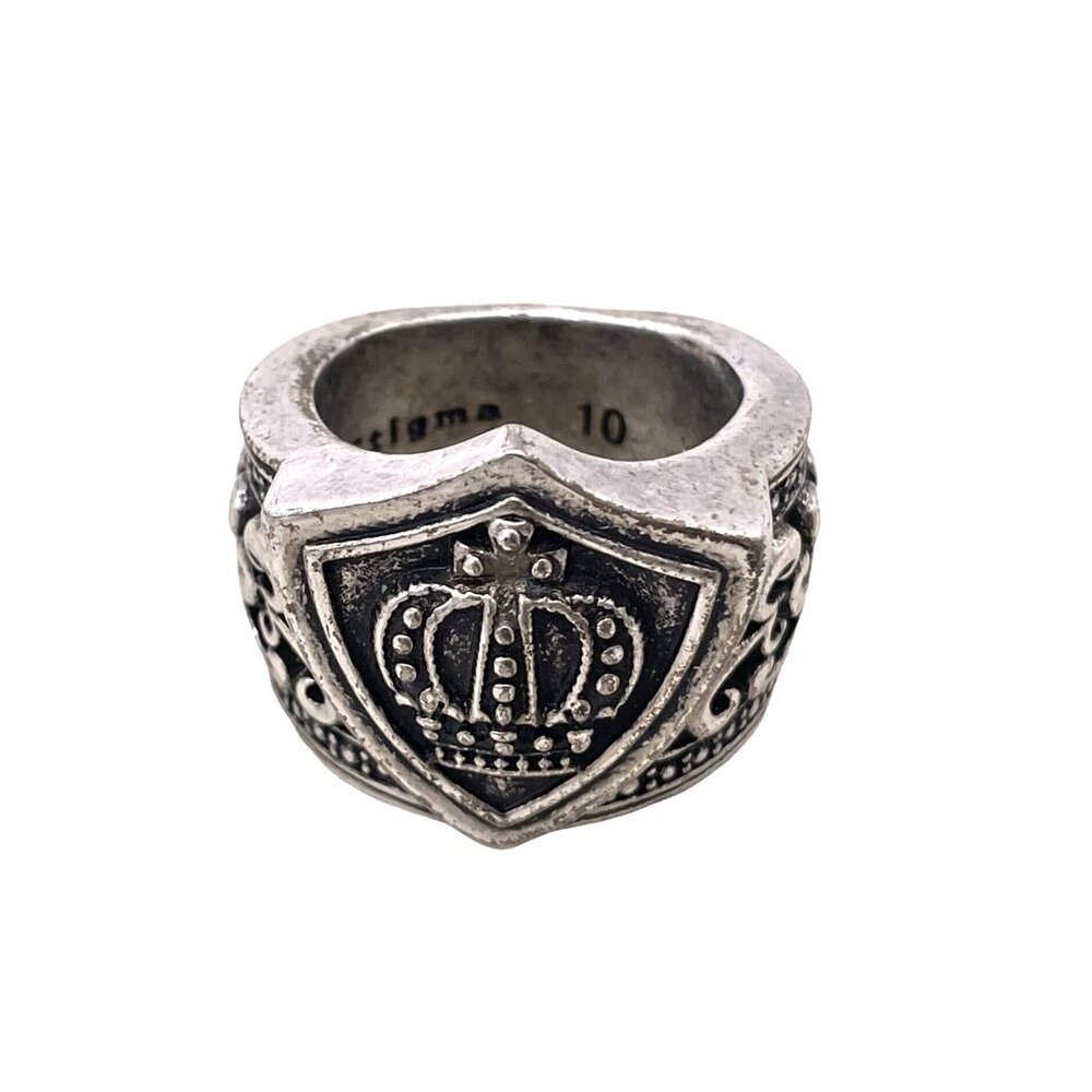 Stigma Chunky Crown Shield Ring Size 10 Silver Tone Classic Gothic Punk